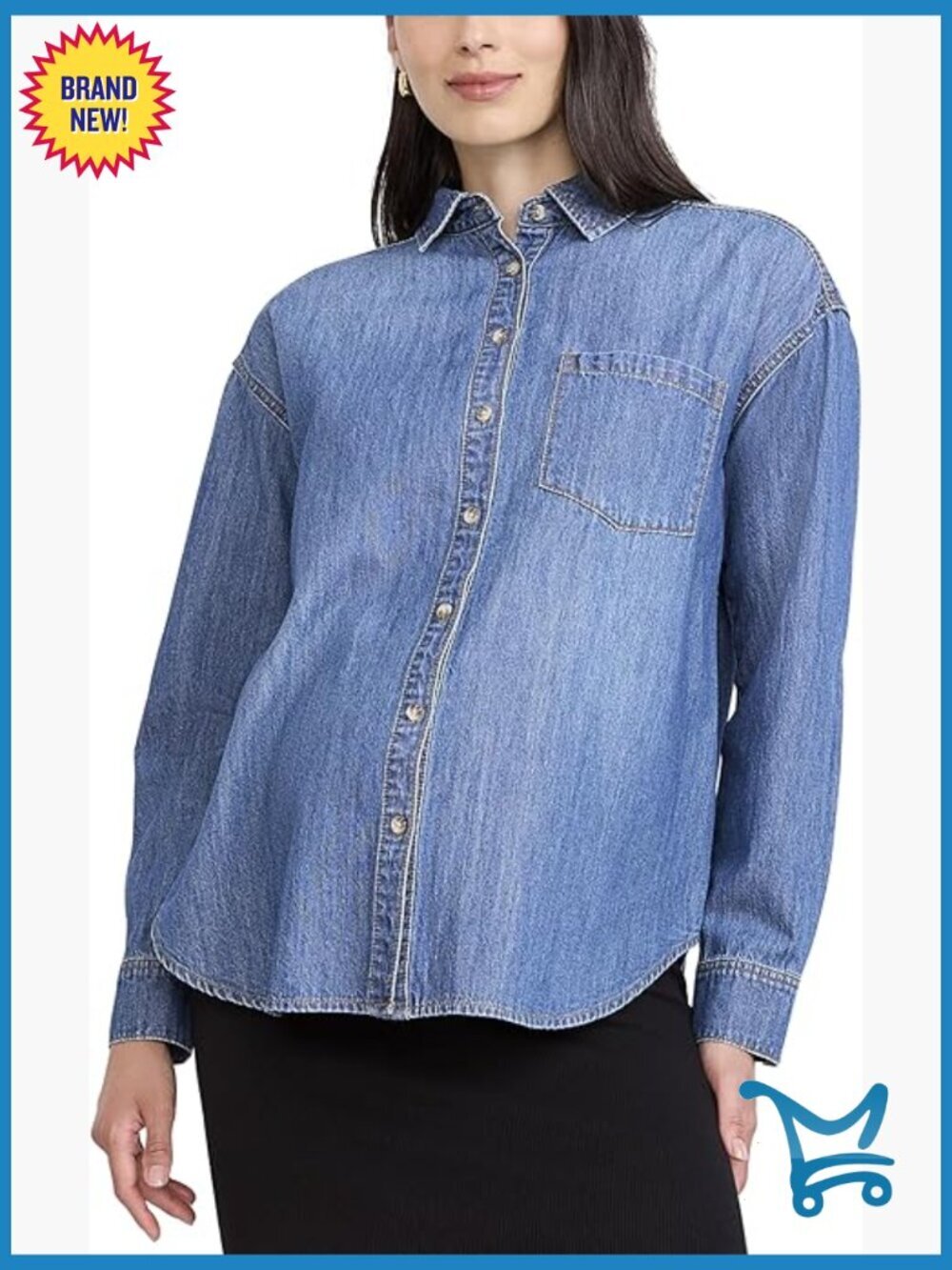 Maternity Denim Shacket Long Sleeve Button Down Blouse